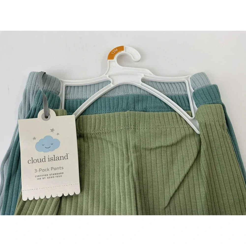 NWT Cloud Island Baby Ribbed Pants 3-Pack 12M Blue‎ Green Leggings Neutral